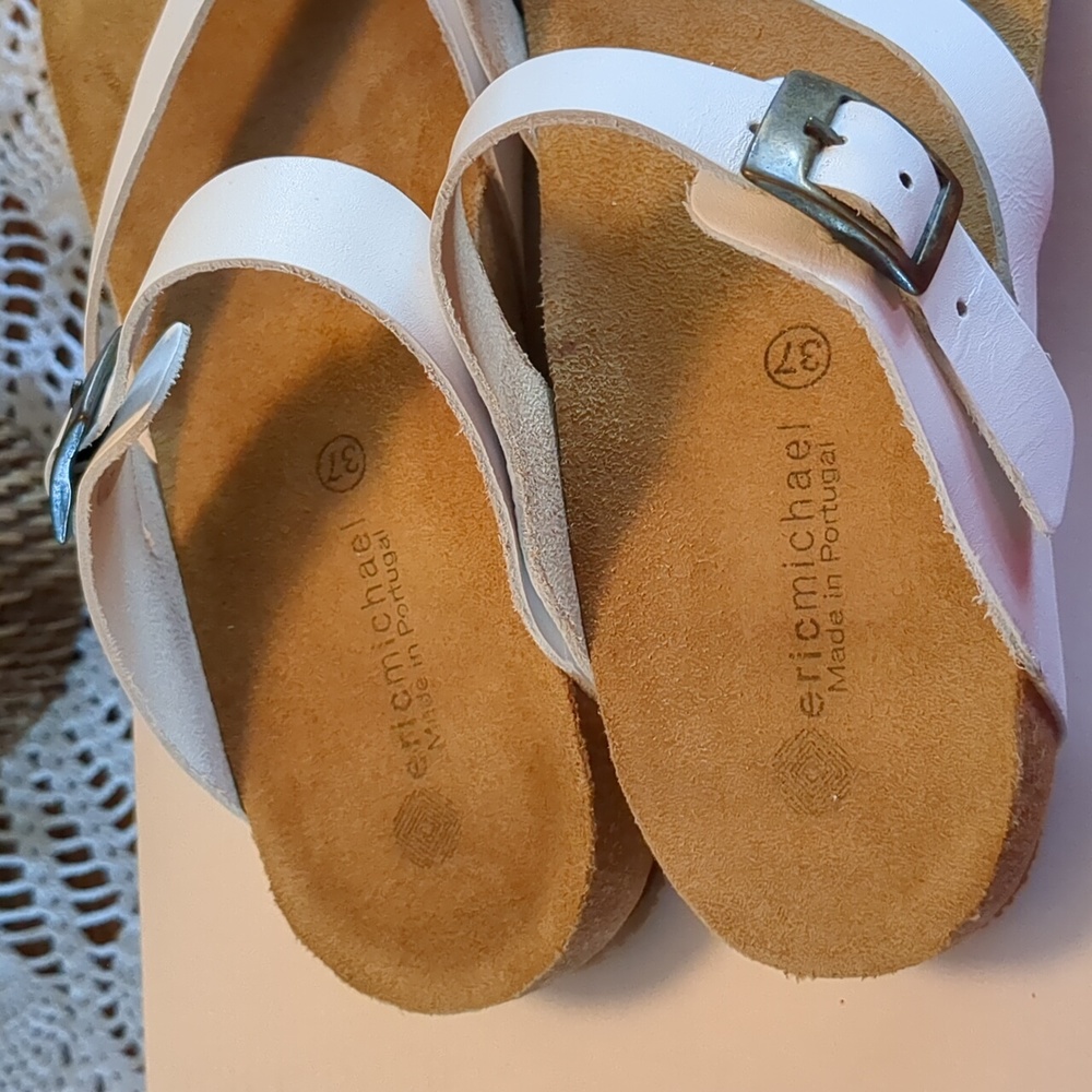 Eric Michael White Leather Adjustable Strap Low Wedge Sandals 37 - Picture 2 of 12